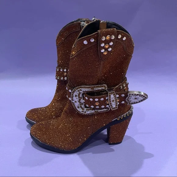 Dark orange/light brown rhinestone cowboy boots. - Picture 5 of 8